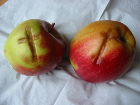 Twee appels met de wonderbaarlijke kruisjes die door Maitreya werden gemanifesteerd 